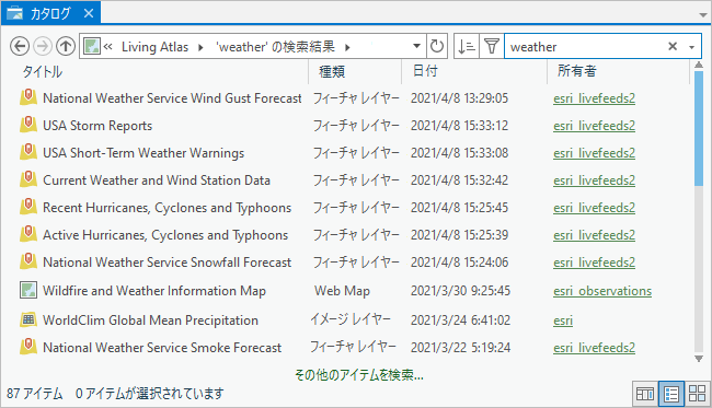 カタログ ビューで、アイテムのプロパティが列に表示され、データがプレビューされます。