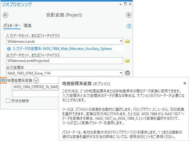 パラメーターのヒントとヒントを表示する投影変換ジオプロセシング ツール