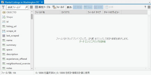 フィールド パネルと空の統計情報パネルを含むデータ エンジニアリング ビュー