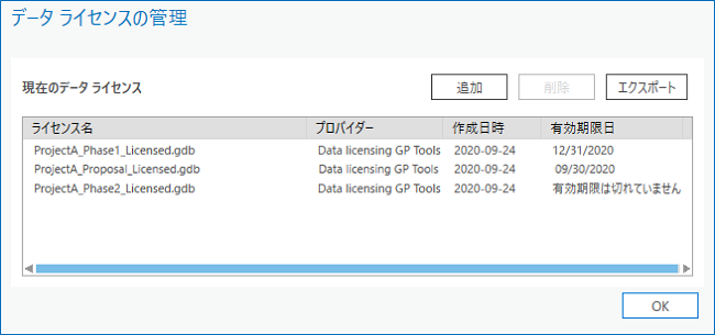 [データ ライセンスの管理] ダイアログ ボックス