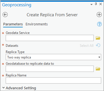 [サーバーからレプリカを作成 (Create Replica From Server)] ジオプロセシング ツール ダイアログ ボックス