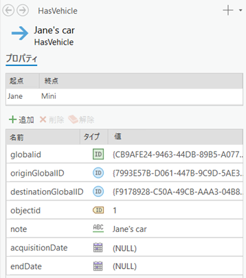 調査の詳細パネルにリレーションシップのプロパティを表示します。