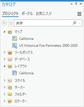 [プロジェクト] タブが選択された状態の [カタログ] ウィンドウ