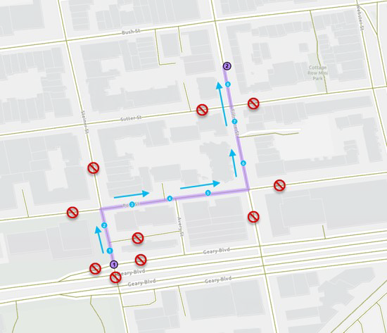 最適な最短パスとして考慮された道路がマップ上に示されています。