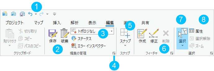 リボンの編集タブのコマンド