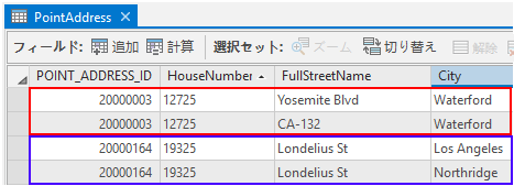 POINT_ADDRESS_ID フィールドが同じ場所の重複フィーチャにリンクしている PointAddress 属性テーブル