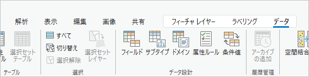 [データ] タブの [フィールド]、[サブタイプ]、[ドメイン] ボタン