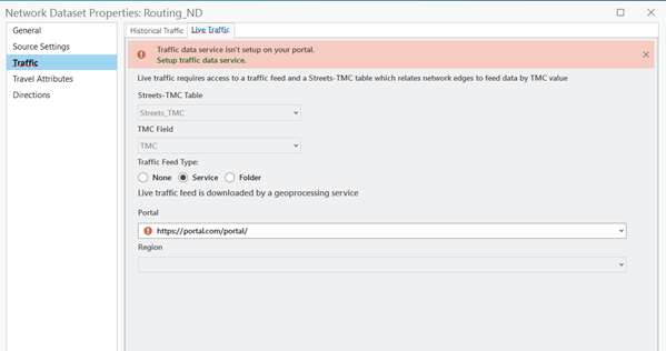 ライブ交通量の設定を示す、Routing_ND のネットワーク データセット プロパティ ダイアログ ボックス