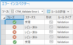 エラー インスペクター ウィンドウのフェーズ列とステータス列