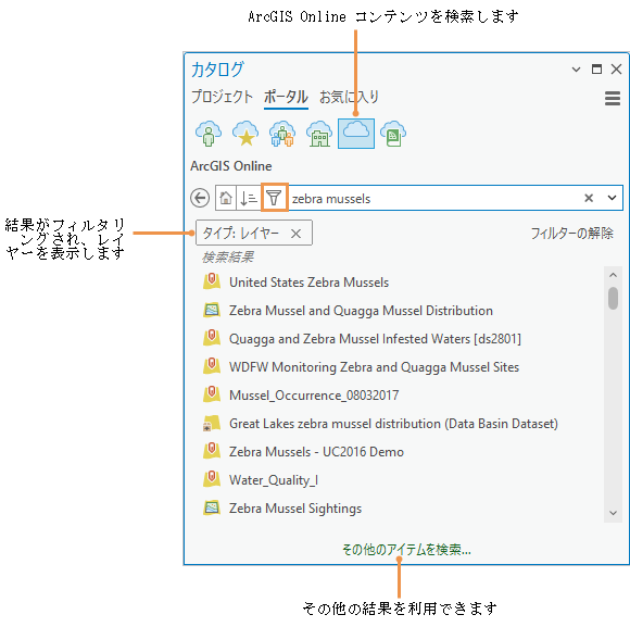 アイテム タイプでフィルター処理された検索結果を示すカタログ ウィンドウ