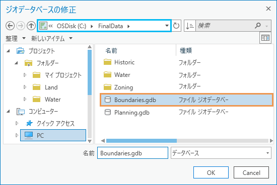 選択した Boundaries ジオデータベースを示す [ジオデータベースの修正] ダイアログ ボックス