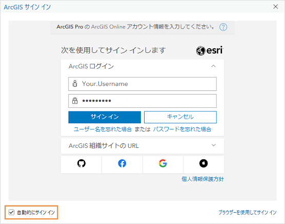 ArcGIS サイン イン ウィンドウ