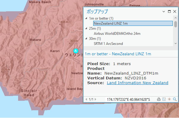 ニュージーランドのウェリントンが拡大表示された、ポップアップを含む Elevation Coverage Map レイヤー