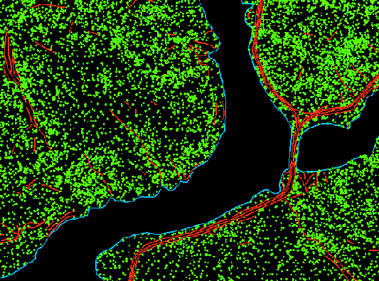 LiDAR 観測のマルチポイント フィーチャクラスの内容を表す緑のポイント