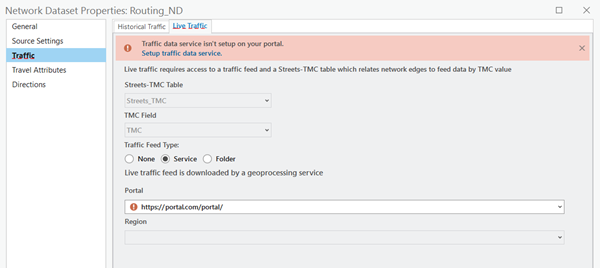 ライブ交通量の設定を示す、Routing_ND のネットワーク データセット プロパティ ダイアログ ボックス