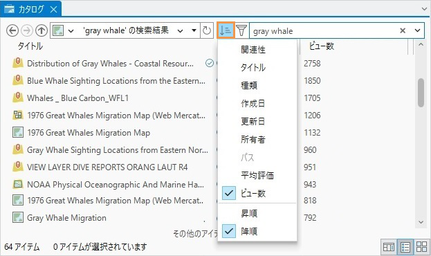 並べ替えボタンのドロップダウン オプションを表示するカタログ ビュー