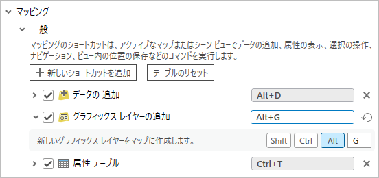 マッピング グループの一般サブグループにある新しいショートカット