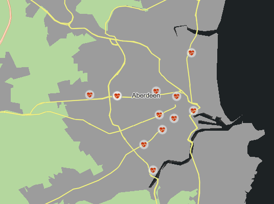 Aberdeen 近くの幹線道路の更新されたシンボルを示すマップ