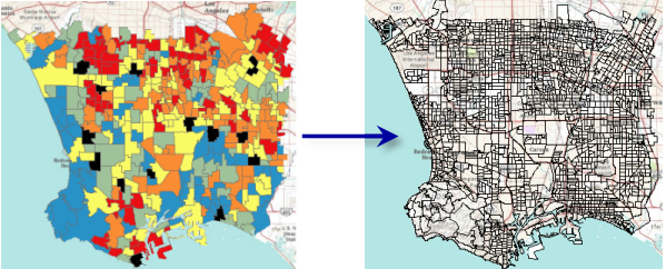 ロサンゼルスの学区 (左) と国勢調査細分区グループ (右)