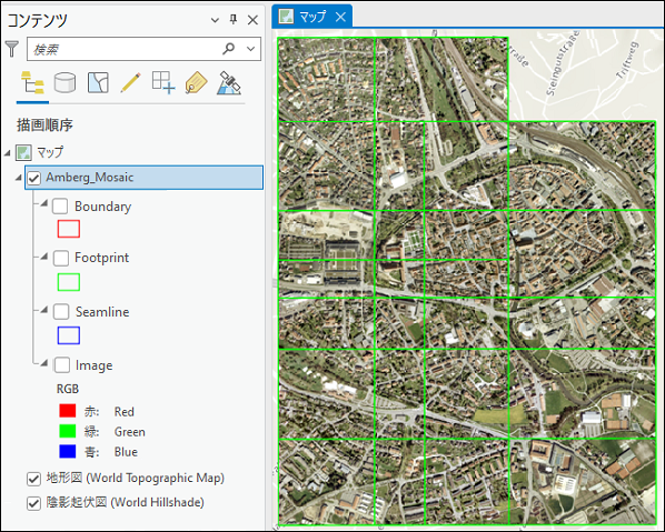 マップ内のモザイク データセットとコンテンツ ウィンドウでの表示