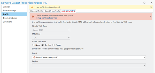 TMC ライブ交通量の設定を示す、Routing_ND のネットワーク データセット プロパティ ダイアログ ボックス