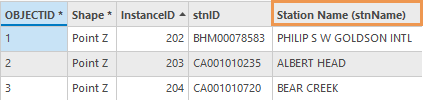 [NetCDF 時系列 → フィーチャクラス (NetCDF Time Series To Feature Class)] ツールから出力されたフィーチャクラス属性テーブルに Station Name として追加された、選択済みインスタンス変数 stnName