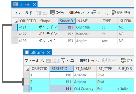 道路のプライマリ テーブルと代替名テーブル (テーブル間のリンクに StreetID が使用されている)