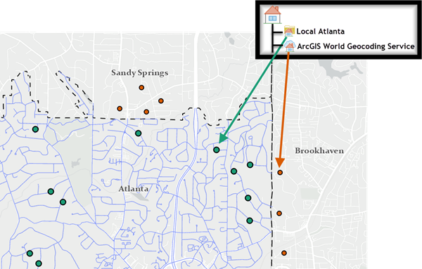 アトランタのストリート ロケーターと ArcGIS World Geocoding Service (隣接する各市内の住所の照合に使用する) で構成されたコンポジット ロケーターの結果