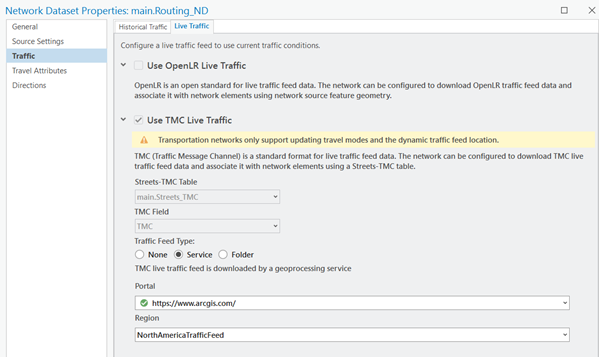 TMC ライブ交通量の使用の設定を示す、main.Routing_ND のネットワーク データセット プロパティ ダイアログ ボックス