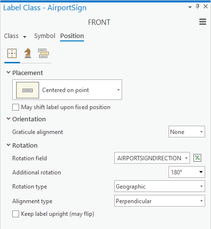 AirportSign label properties for the FRONT label class