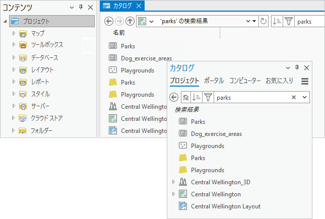 カタログ ビューおよびカタログ ウィンドウでのプロジェクト検索