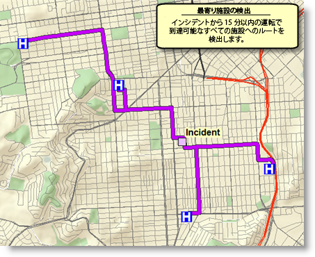 最寄り施設の検出の結果