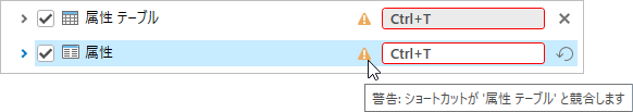 重複したショートカットの横にヒントが表示された警告アイコン 重複したショートカットの横にヒントが表示された警告アイコン