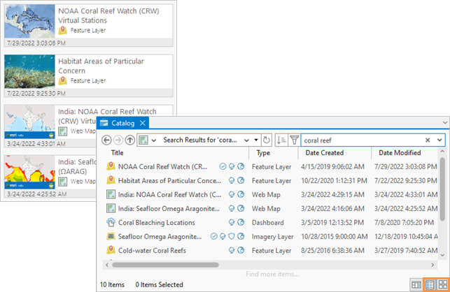 ArcGIS Living Atlas of the World アイテムをタイルと列形式で表示したカタログ ビュー ArcGIS Living Atlas of the World アイテムをタイルと列形式で表示したカタログ ビュー