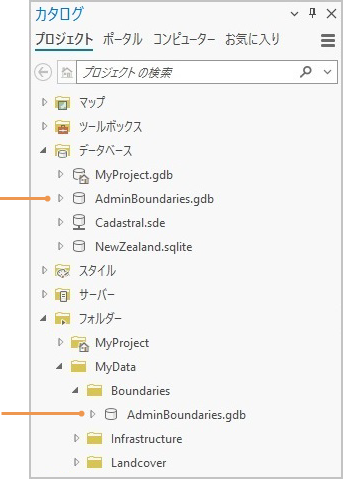 カタログ ウィンドウで展開されたデータベース コネクションとフォルダー接続 カタログ ウィンドウで展開されたデータベース コネクションとフォルダー接続