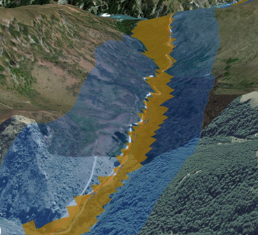 50 メートルの直線のバッファーに 50 メートルの下り坂のバッファーがオーバーレイされた道路 50 メートルの直線のバッファーに 50 メートルの下り坂のバッファーがオーバーレイされた道路
