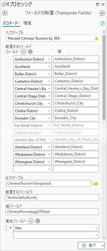 すべてのパラメーターが指定された、フィールドの転置ツール すべてのパラメーターが指定された、フィールドの転置ツール