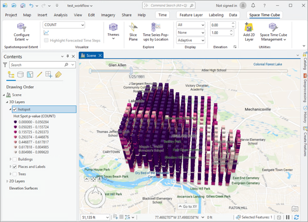 時空間キューブに適用されたホット スポットの p 値表示テーマ。 時空間キューブに適用されたホット スポットの p 値表示テーマ。
