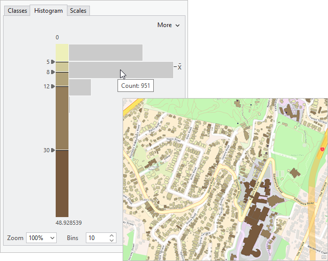概算の建物の高さを示すヒストグラムとマップ 概算の建物の高さを示すヒストグラムとマップ
