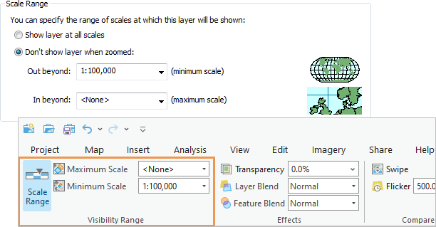 ArcMap と ArcGIS Pro の縮尺範囲設定