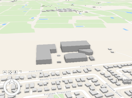 シンボル表示された建物と 3D 地形図ベースマップ