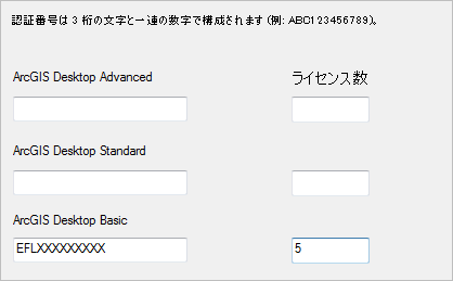 ArcGIS Desktop Basic の認証番号と 5 つの同時使用ライセンス