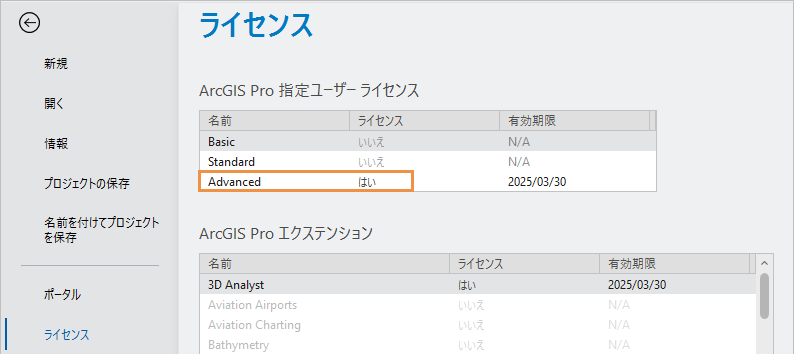 ArcGIS Pro の設定のライセンス ページ