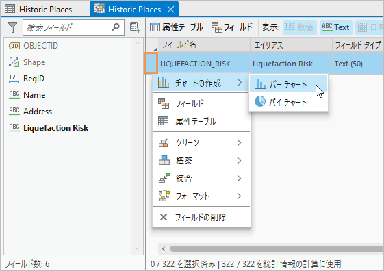 LIQUEFACTION_RISK フィールドのドロップダウン オプションを表示するデータ エンジニアリング ビュー