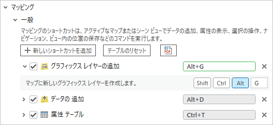 マッピング グループの一般サブグループにある新しいショートカット