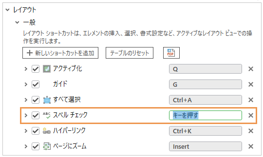 キーボード ショートカット ダイアログ ボックスのスペル チェック コマンド