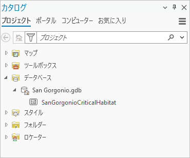 プロジェクト ジオデータベースとフィーチャクラスを表示するカタログ ウィンドウ