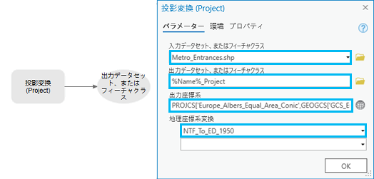 [投影変換 (Project)] ツールのダイアログ ボックス