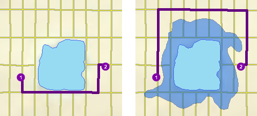 通行不可ポリゴン バリアがルート解析におよぼす影響を示す 2 つのマップ。
