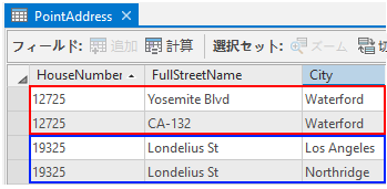 名前は異なるが同じ場所である重複フィーチャを含む PointAddress 属性テーブル